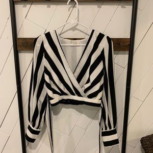 Puff Sleeve Striped Crop Top with Back Tie